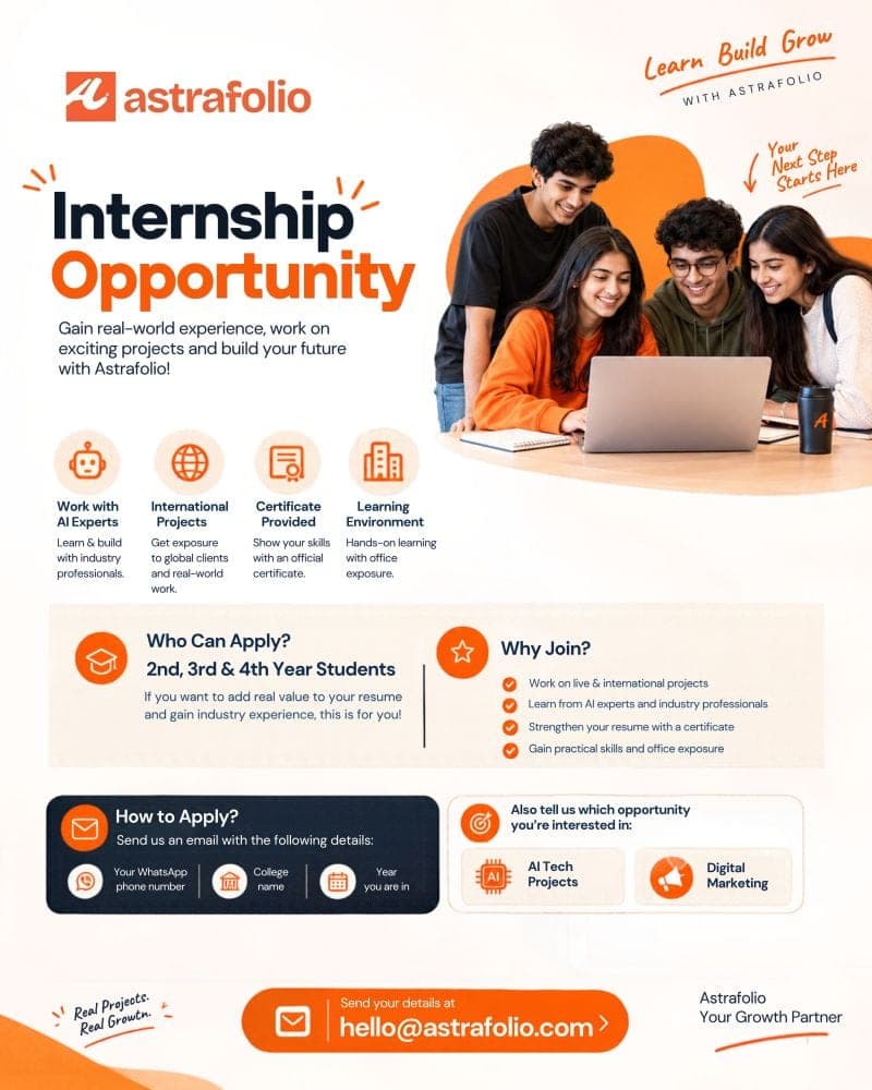 Astrafolio internship poster: for 2nd, 3rd and 4th year students, work with AI experts on international projects, certificate provided, apply at hello@astrafolio.com