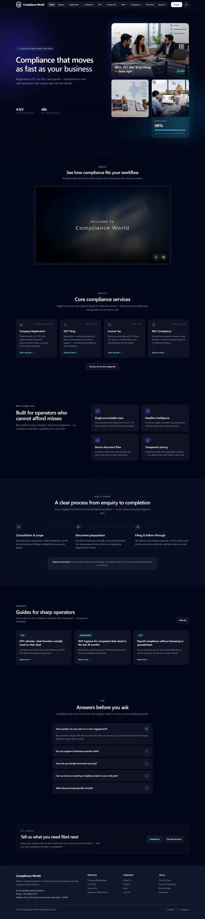 Compliance World website: homepage for a compliance services firm, with core services, process, guides and FAQ, scrolling through the full page