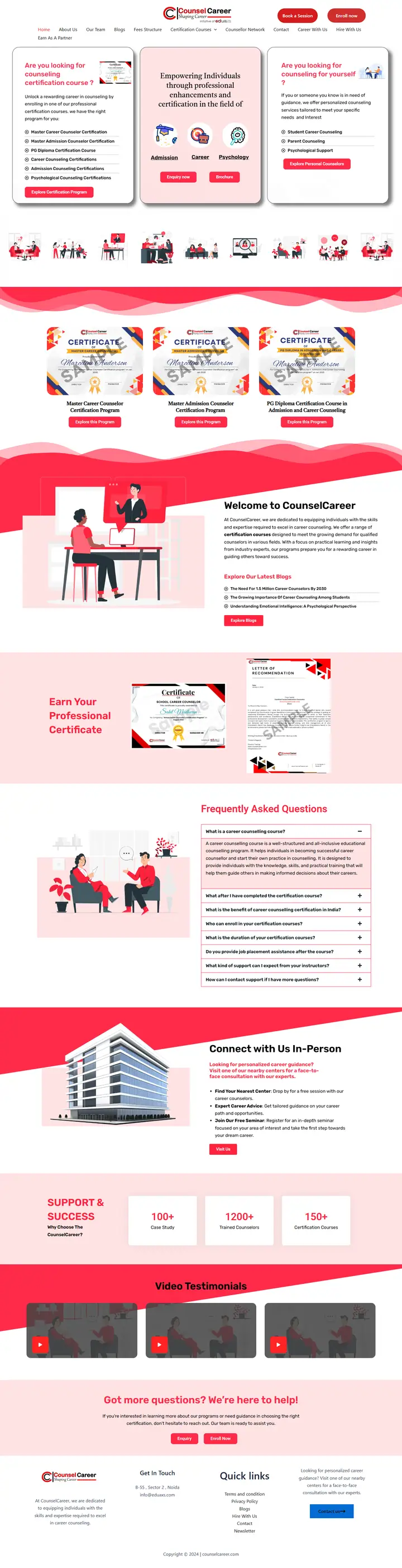 CounselCareer website: homepage with career counselling certification programmes, sample certificates, FAQ and enquiry forms, scrolling through the full page