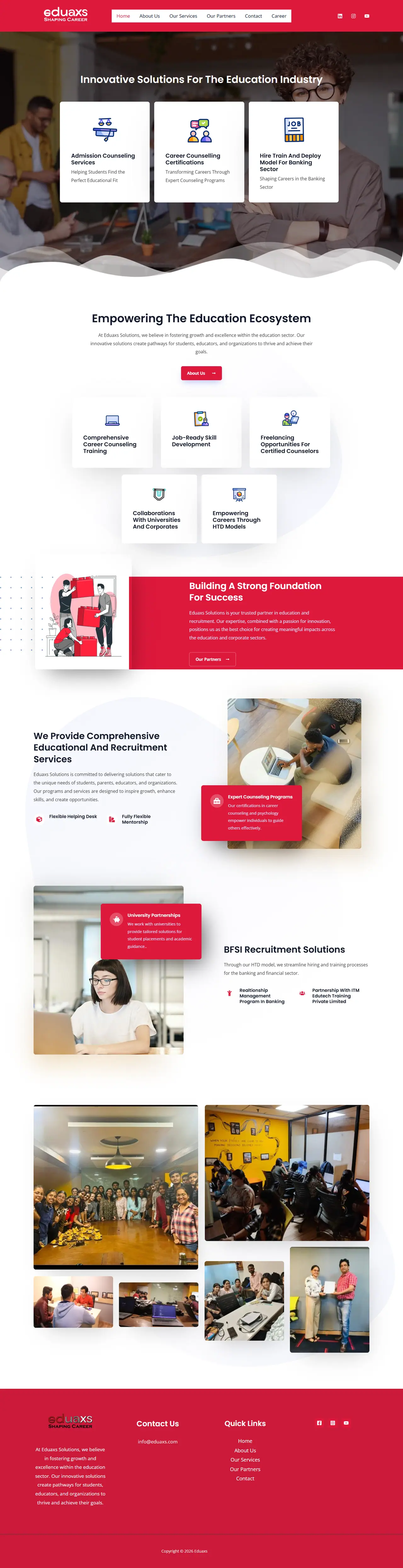 Eduaxs Solutions website: homepage for the education consultancy, with its counselling services, partners and team, scrolling through the full page