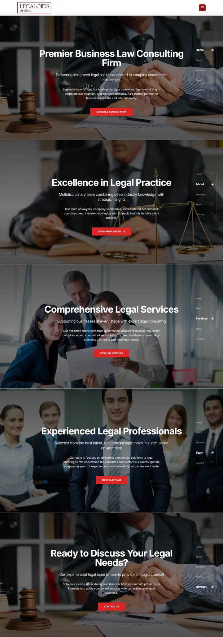 Legaloids Law Offices website: full-screen sections for home, about, services, team and contact, scrolling through the page